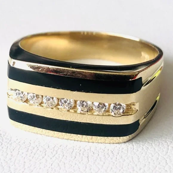 Men's Black Onyx Ring Round Real Solid 14K Yellow Gold Wedding Band